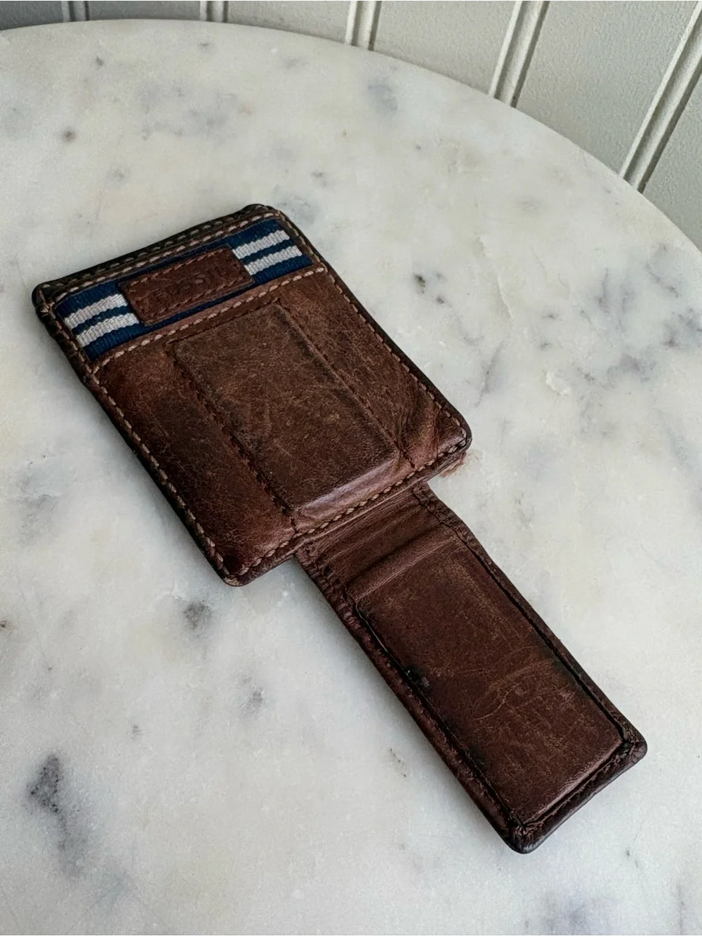 Fossil Leather Card Case/Magnetic Money Clip Brown/Navy Designer Masculine Cash